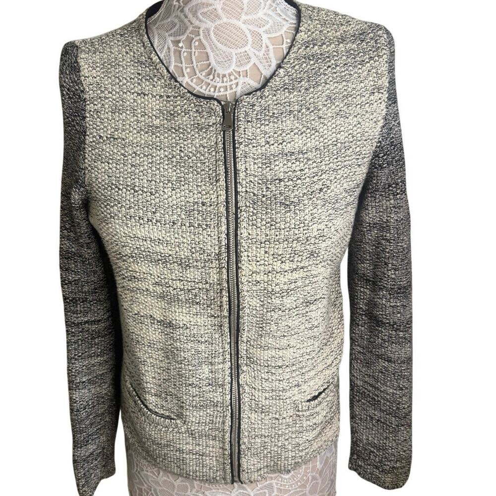 Talbots Cotton Blend White & Gray Zip Up Knit Cardigan-Womens Size Medium